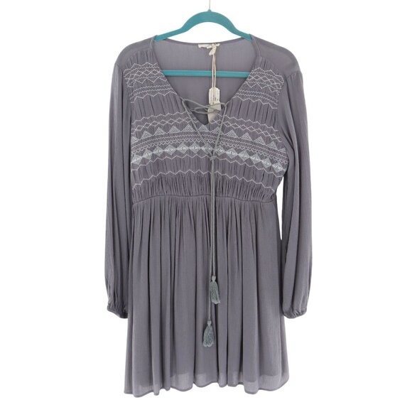 Mystree Embroidered Peasant Blouse Womens S Gray Boho Flowy Festival Hippie NWT - Picture 1 of 16